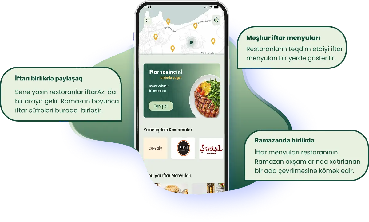 İftarAz mobil tətbiqi - Populyar iftar menyuları və yaxınlıqdakı restoranlar.